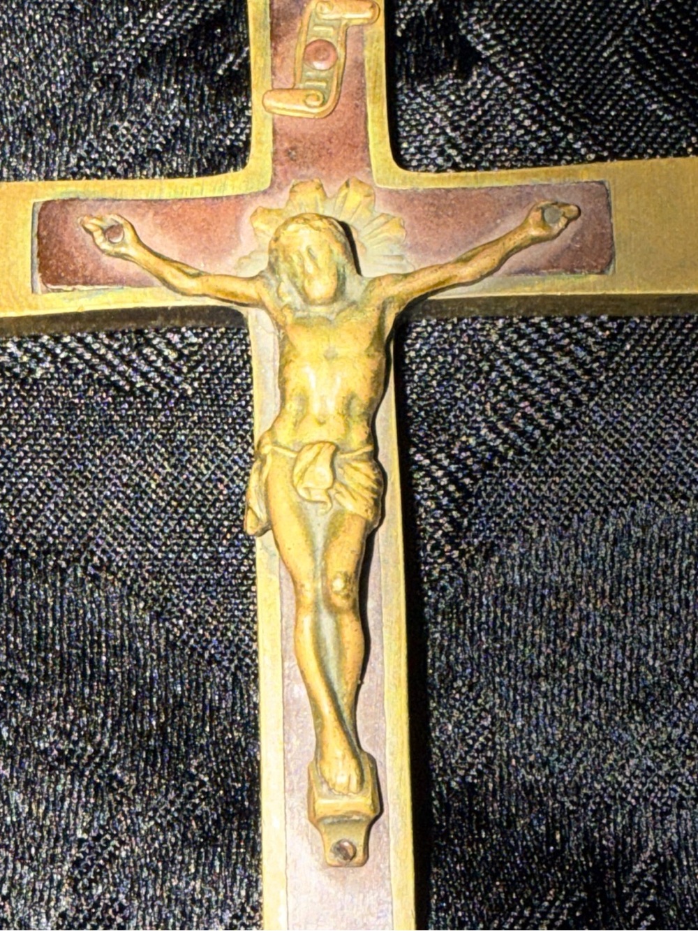 Brass Crucifix Wall Cross Skulls Bones France Antique Catholic wooden inlay